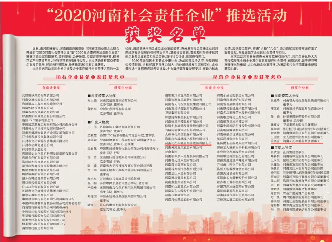 榮譽(yù) | 花花牛乳業(yè)集團(tuán)斬獲“2020河南社會責(zé)任企業(yè)”推選活動兩項大獎